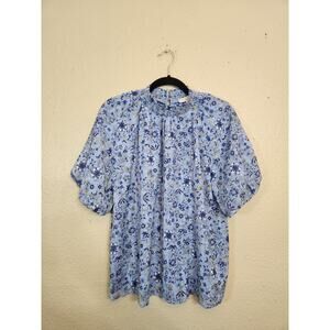 LOFT Women's Blue Floral‎ Bubble Sleeve Blouse Cottagecore Prairie Size M